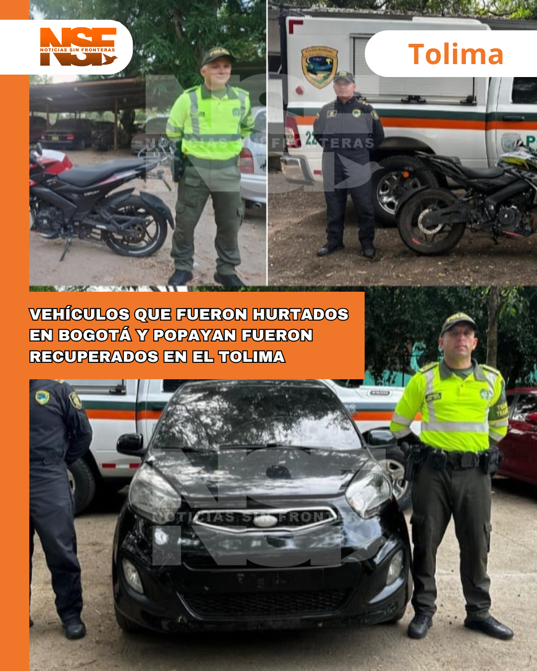 En Lérida y Saldaña, fueron recuperados un automóvil y dos motocicletas que figuraban hurtadas en Popayan y Bogotá