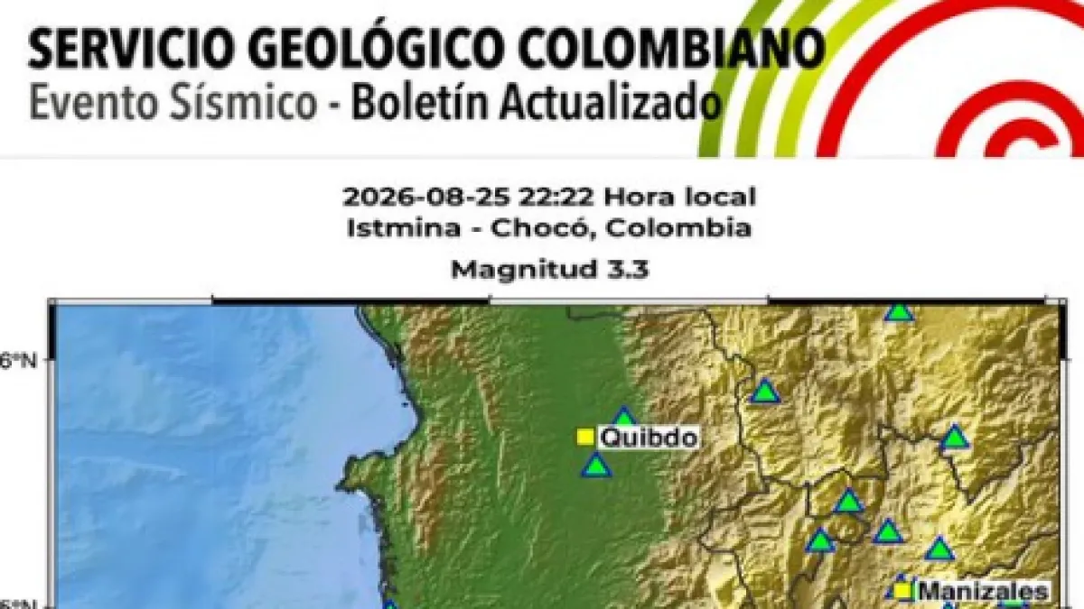 Atención: Se registró un nuevo sismo en Chocó de magnitud 4,4 con epicentro en Istmina este 27 de agosto
